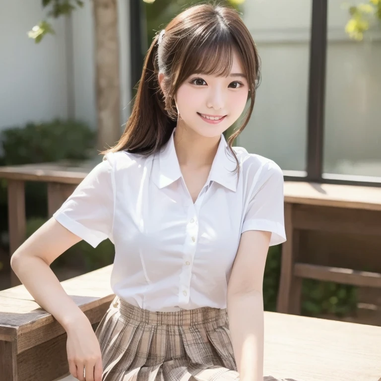 ​masterpiece, One beautiful Japan girl, classmates, Neat and innocent, Realistic, ultra-detail, 8K,top-quality, Extremely detailed, Detailed background, A slender, Detailed face, adorable girl, bursting smile, high-level image quality, High quality, (put her hands on her hip:1.3),  (Leaning forward:1.3), (from below looking up to viewer:1.3), White short slave school shirt, Tartan checked skirt, Glossy reddish-brown short hair, Black eyes, hourglass body, portrait of a full body, clavicle, out door, natural light, natural makeup, happy smile