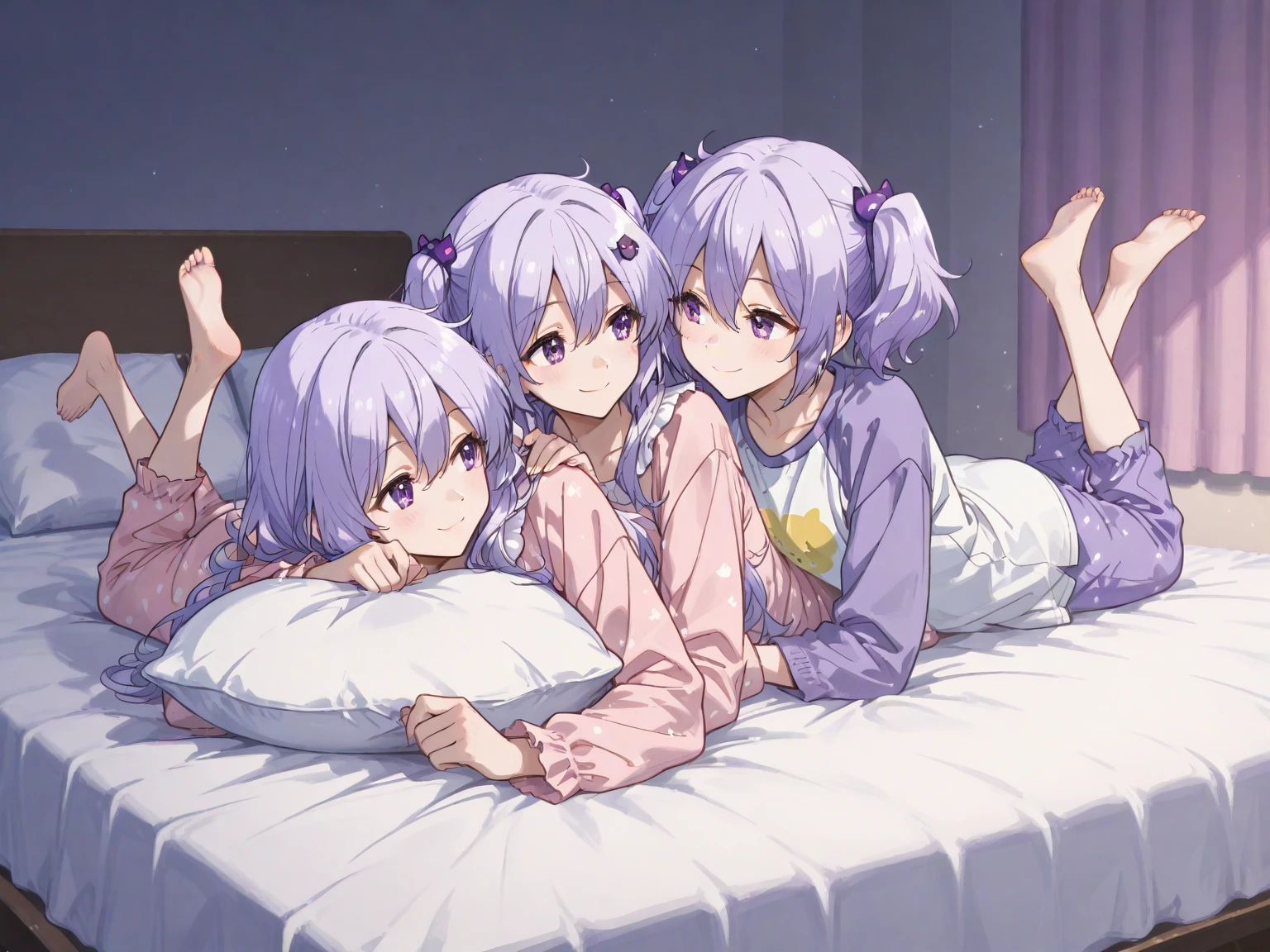 Highest quality、High resolution、Detailed Background、(Beautiful face in every detail:1.4)、Anatomically correct、(Detailed  expressions)、(Detailed eyes:1.2)、Teenage beauty、(Highly detailed face:1.4)、Cute hair colour、Cute hairstyle、Bright room by the window、White or light-colored beds and duvets、Fluffy cushions etc.、A clean space that creates a feminine atmosphere、Adding plants and stuffed toys will create a more adorable atmosphere.、Pajamas in pastel colors、
(Three sleeping girls:1.5)