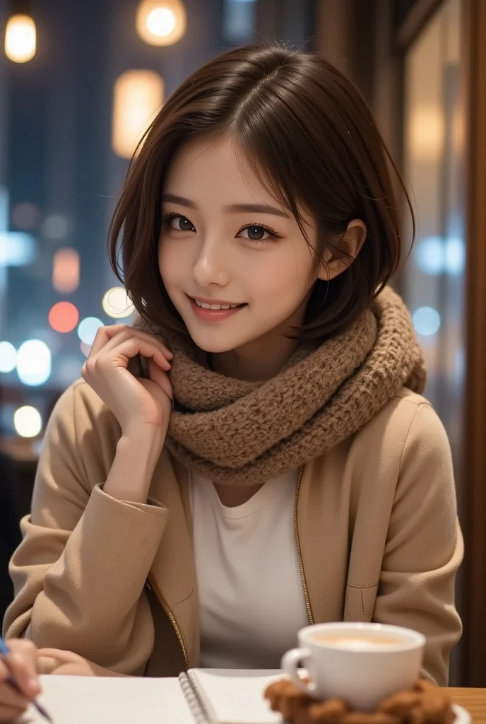 cute 21 year old japanese、Drink coffee in a café、Nice café、super detail face、pay attention to details、double eyelid、beautiful thin nose、sharp focus:1.2、Beautiful woman:1.4、(light brown hair,short hair、),pure white skin、highest quality、masterpiece、ultra high resolution、(Photoreal:1.4)、Highly detailed and professional lighting、nice smile、Show the whole body、Cute winter clothes、