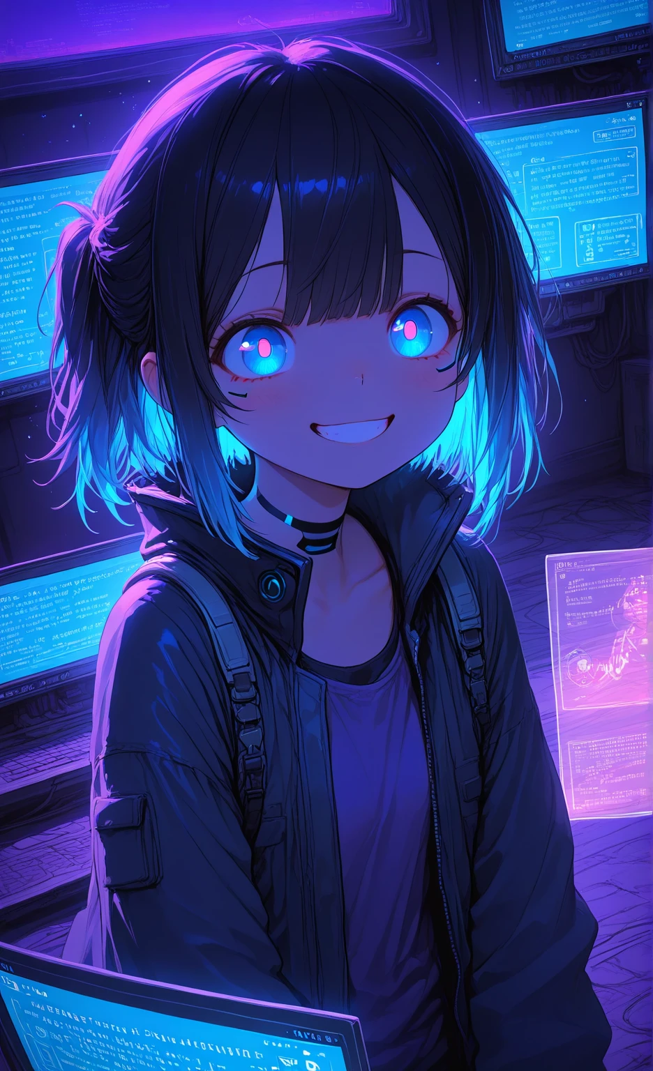 detailed background, masterpiece, best quality, smile, ornament, hoodie, portrait, blue neon, graffiti, dark, night, glowing eyes, blacklight