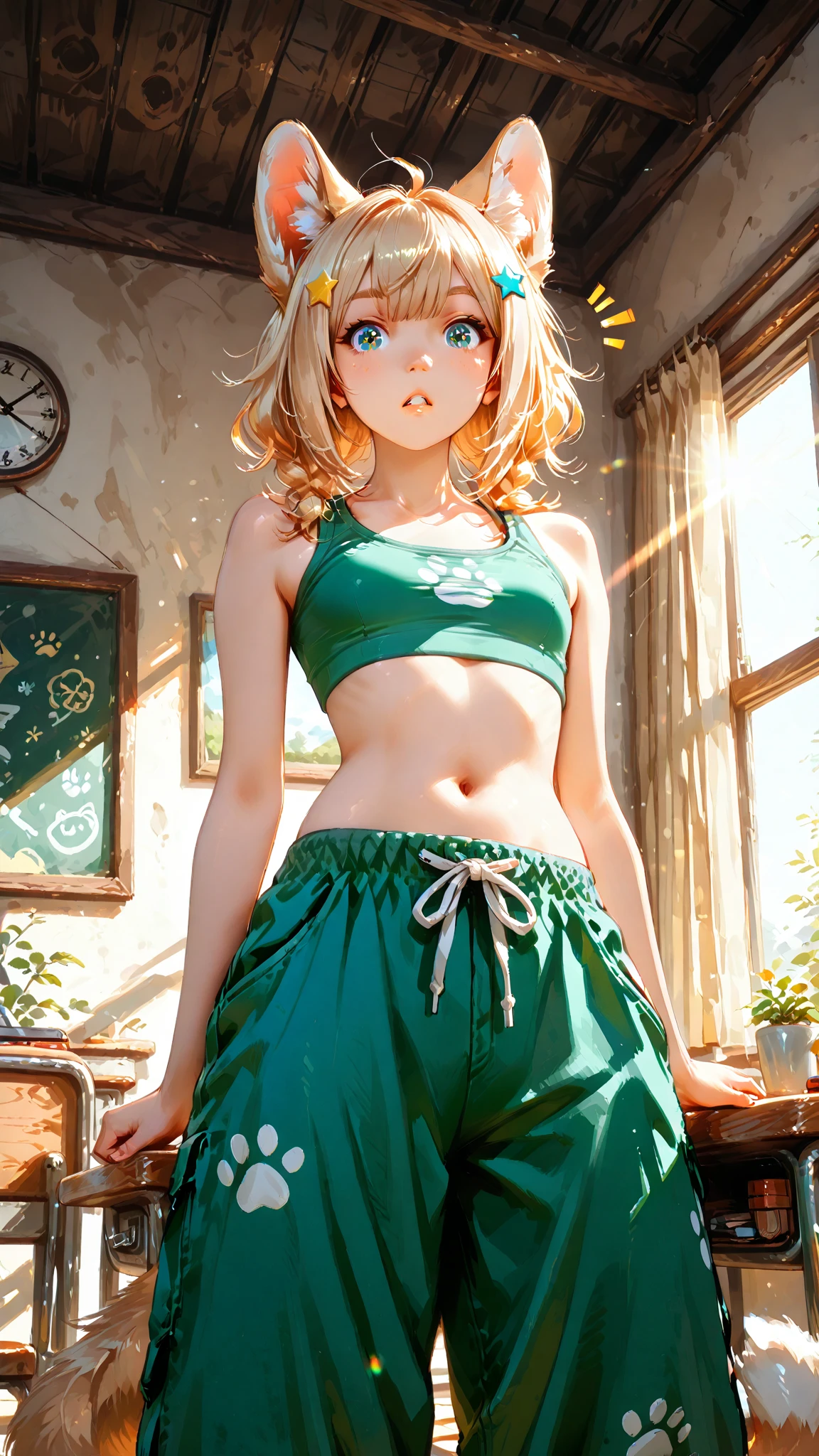 Young boy, long blonde hair, green eyes, purple T-shirt, white elements, pants, open belly, hands behind head, smile, masterpiece, high quality, 4k, HD, Good detail