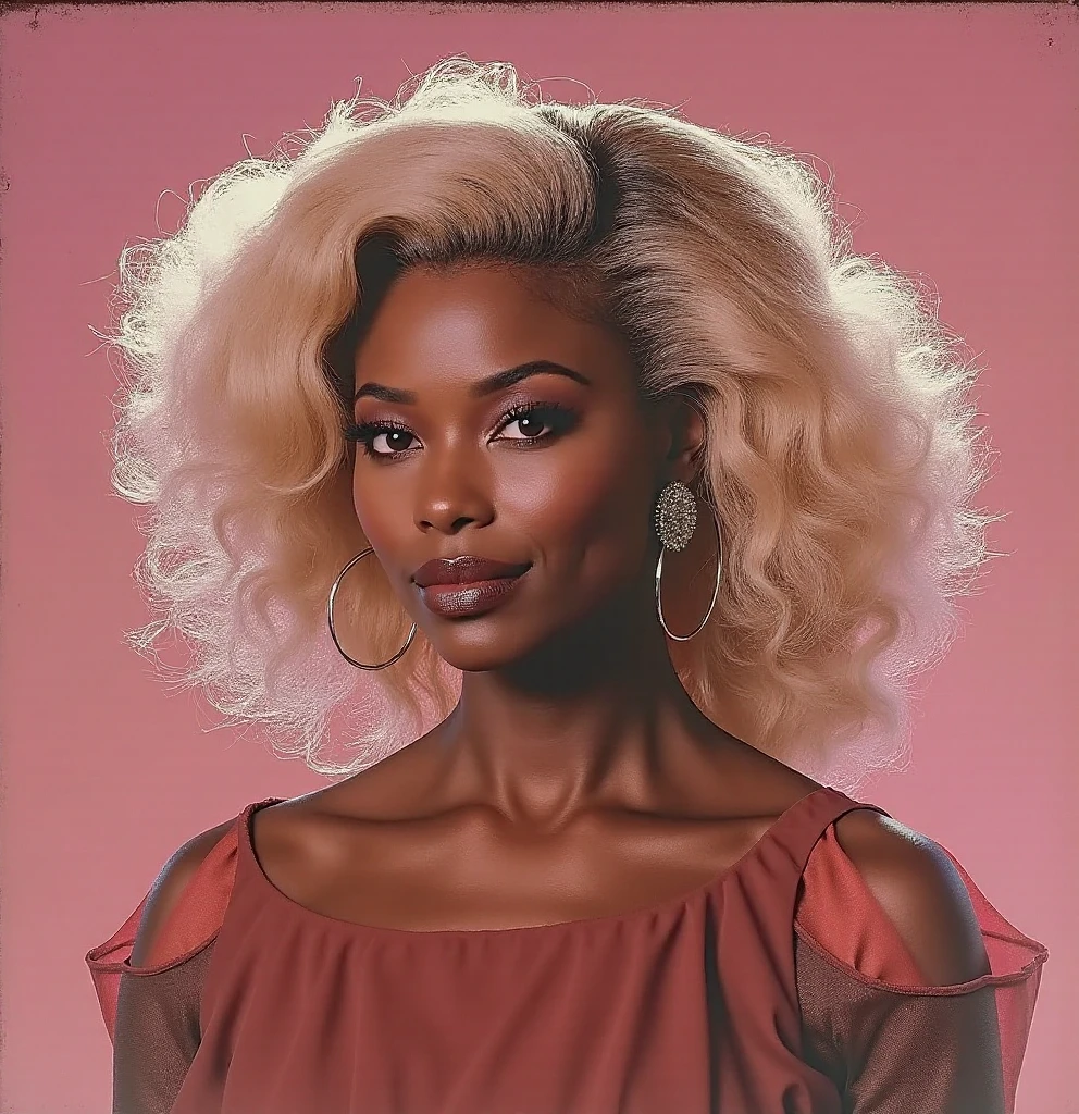 Create a black African woman with  in a  outfit and with natural blonde hair