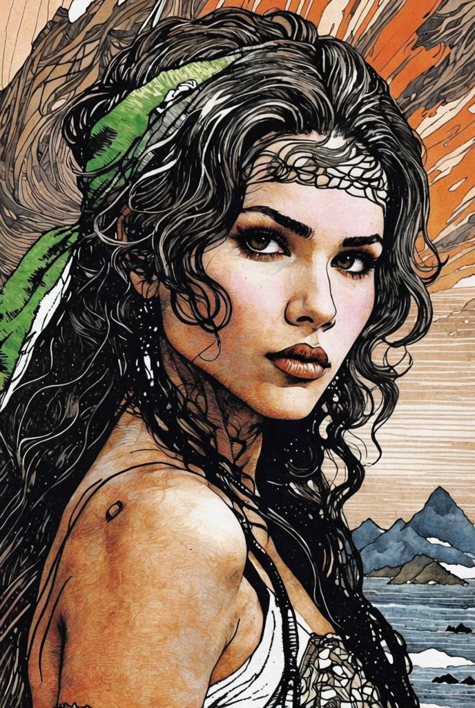 alien landscape with giant monsters, the foreground, a sexy girl with slender hips, slender hips, slender hips,medium breasts, in a long sheer gown cut in slits up to her hips, low cut between her breasts to her navel, long flowing hair, cleavage, brightly colored monsters, tentacled beasts, dinosaurs, very bright contrasting colors, bright colors, she is a goddess, a goddess,