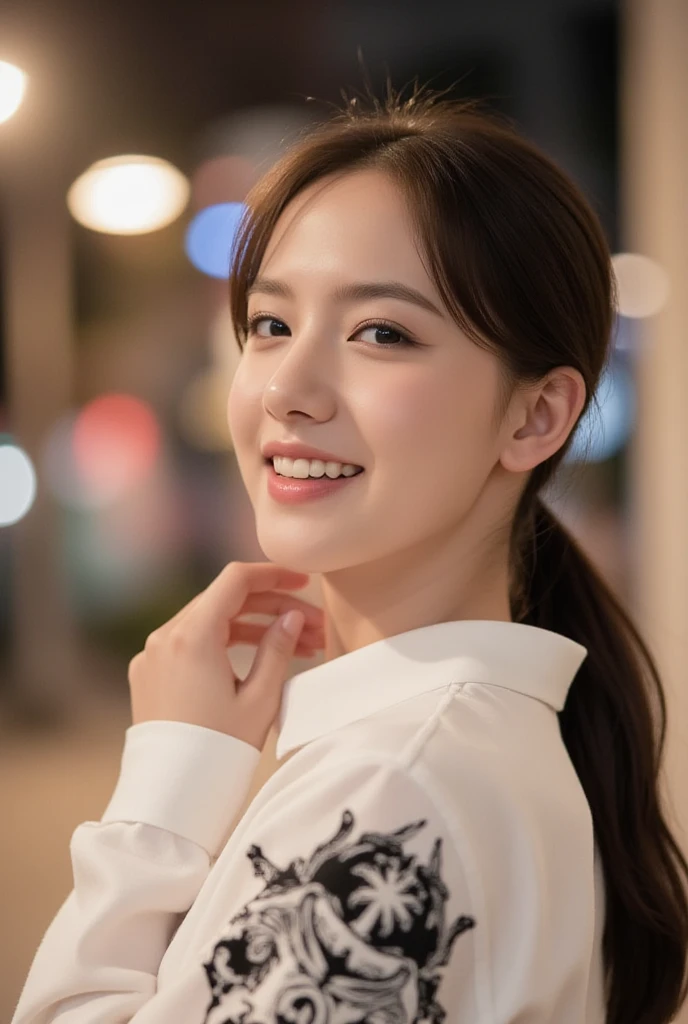 1 Girl, (Wearing a black blouse:1.2), Beautiful Japanese actresses, (ponytail:1.3),
(RAW Photos, Highest quality), (Realistic, Photorealistic:1.4), masterpiece, 
Very delicate and beautiful, Very detailed, 2k wallpaper, wonderful, 
finely, Very detailed CG Unity 8K 壁紙, Very detailedな, High resolution, 
Soft Light, Beautiful detailed girl, Very detailed目と顔, Beautiful and detailed nose, Beautiful and detailed, Cinema Lighting, 
break
(Snowy night cityscape as background 1.3), City lights, 
Perfect , Slender body, smile, Face the front completely, Looking at the camera