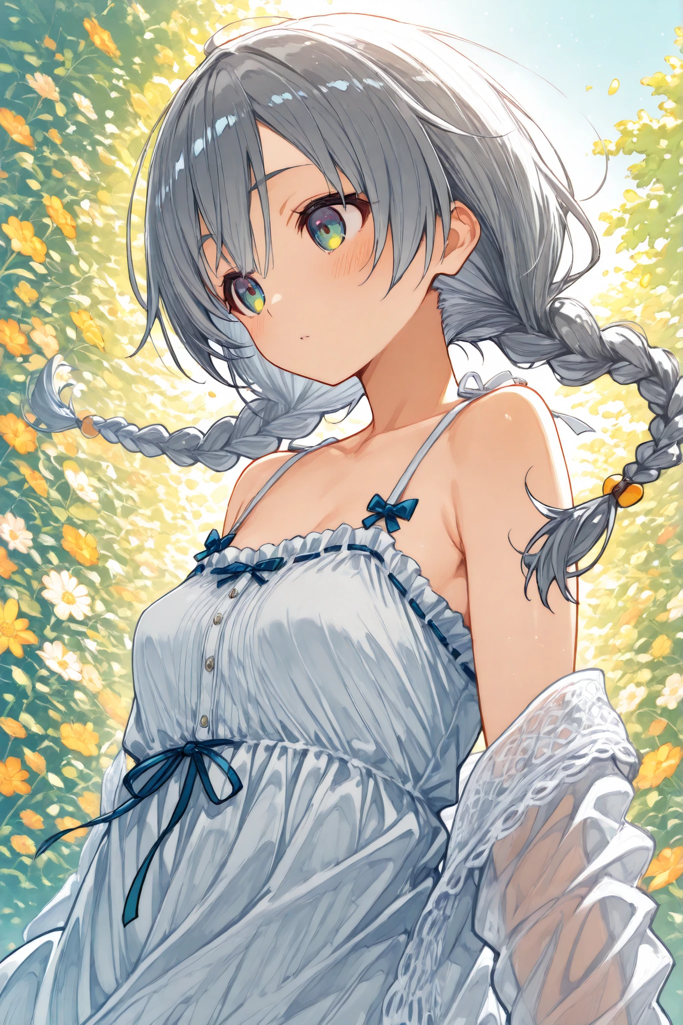 anime styled, High definition illustration, Perfect drawing, Anatomically accurate drawing, alice in the wonderland, In a forest bathed in bright sunlight, beautiful blonde girl lying on the ground, ((seminude:1.5)), light blue ruffle short dress, Layering a white apron, Disturbed clothing , teats, Female  in the crotch area