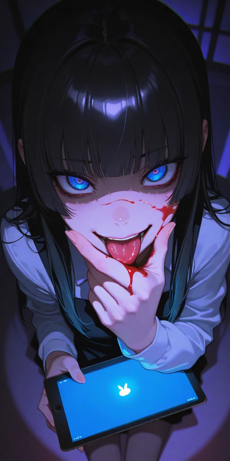 masterpiece, best quality, absurdres, greyscale
BREAK gesugao, (evil smile:1.1), looking at viewer, sharp teeth, (crazy blue eyes with small pupils:1.2), yandere, pink hairs,
BREAK Kaguya_Shinomiya, shuuchiin_academy_school_uniform, long sleeves, looking down, (shaded face:1.2), black dress, (blood splatter:1.1)