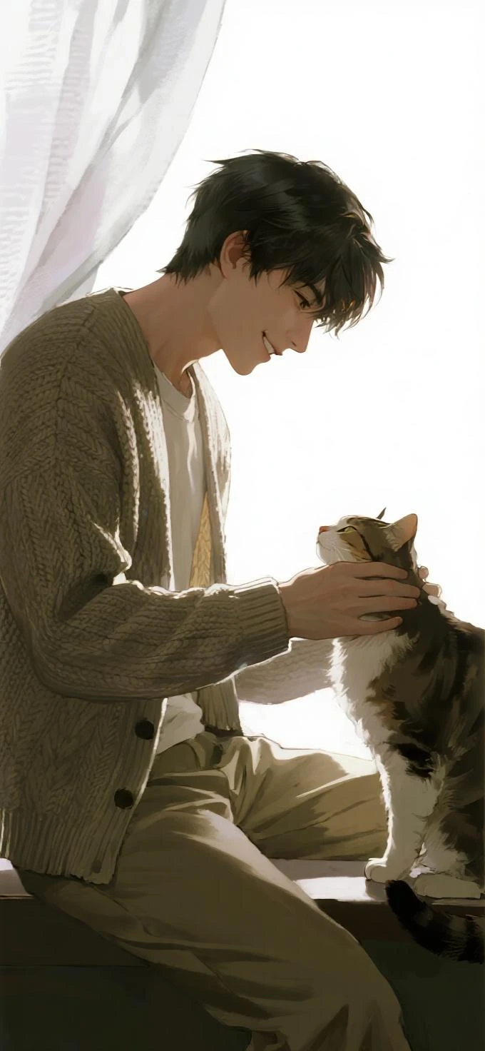 A young man and three little kittens,3 kittens,A young man surrounded by small kittens,Fresh young man,A young man with a lovely, gentle smile,Young man with his mouth wide open,Young man playing with a cat,blush,Cats surround the screen,A very happy smile,Cat smiles too,color々Kittens of all kinds,A bright, sunny room,Inside the room,I'm in bed,Purple Eyes,Black-haired man,Straight hair man,Male around 20 years old,anime,Slender young man
