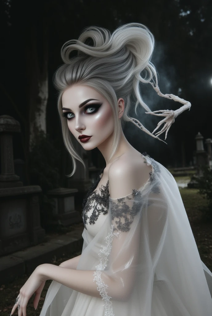 female sexy vampire|albino, pale porcelain skin, sexy vintage black dress, smile, shallow depth of field, grin|creepy, nightfall, detailed face, night, wide hips, narrow waist, portrait of woman standing, detailed eyes, portrait of woman standing, 8k RAW photo, highest quality, looking at the viewer, best shadow, intricate details, long hair, bright eyes, forest, grave, gothic, goth detailed, highres, high qualilty, high saturation