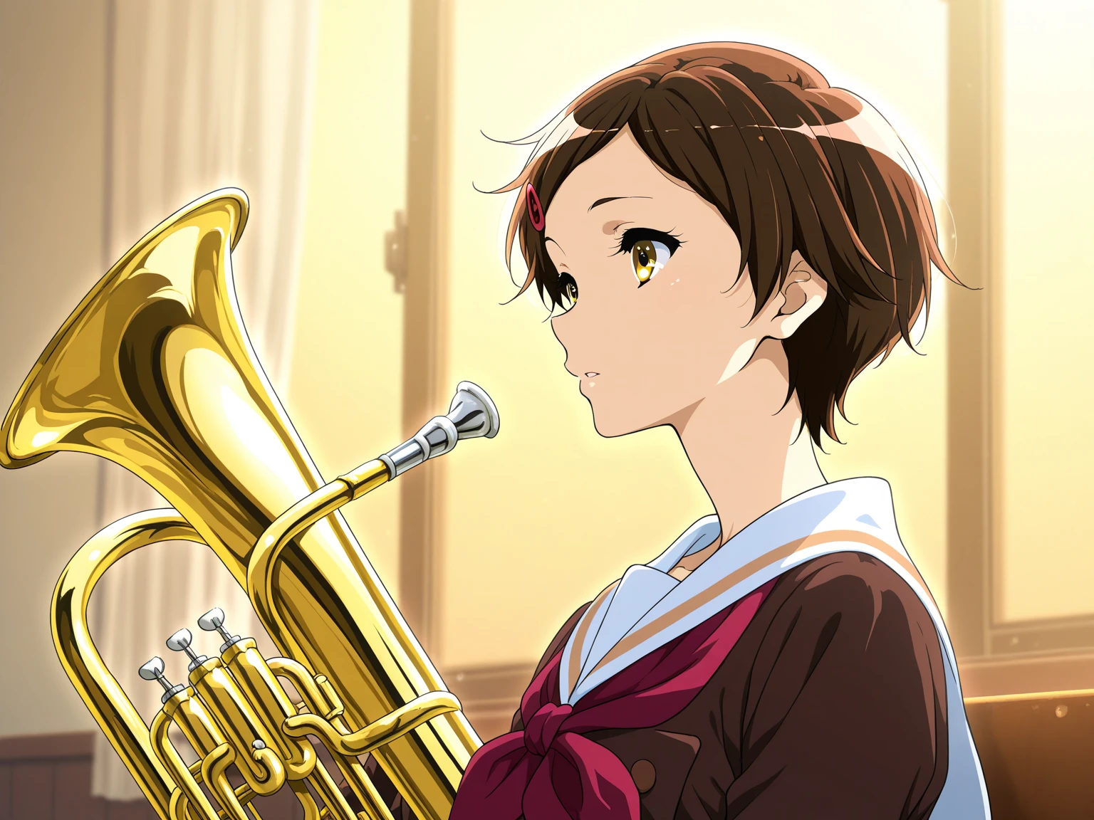 School,(), best picture quality, 8K, high quality, masterpiece:1.2), ((masterpiece)), (high detail, high quality, best picture quality), bokeh, DOF, cute round face, Portrait, (cute illustration:1.2), (perfectly balanced ), (18years old) , (Young face:1.3), glowing eyes,(((white lace ,white lace ))) 、extremely cute,oumae kumiko embarrassed,,  (Slender body:1.2), musical instrument, holding_musical instrument,holding euphonium 