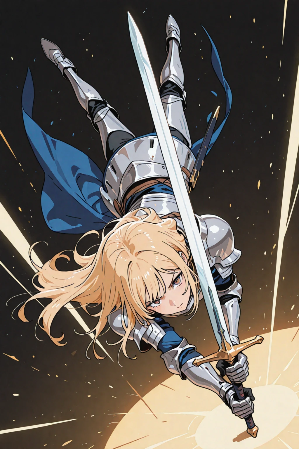 (((Solo)))、Highest quality, Best Quality、(Full body character concept、detailed)、(((Gray simple armor、Black trousers、Black gloves))、(woman、18-year-old)、(Blonde、Long Hair)、(((kill、Grab the sword)))、(Glowing light background)、(Fighting stance, battle)、Dramatic Angle、(Blue and yellow aura)、(From the side、profile)