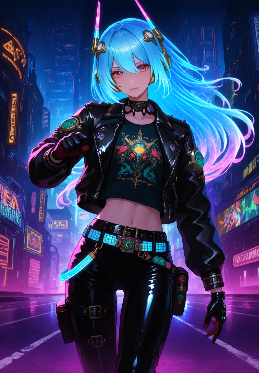 1 girl,Creative hairstyles,rainbow hair,city street,Fisheye,Neon cold light lighting, cyberpunk, blush, waist shot,Detailed  details,dynamic poses, edge light,