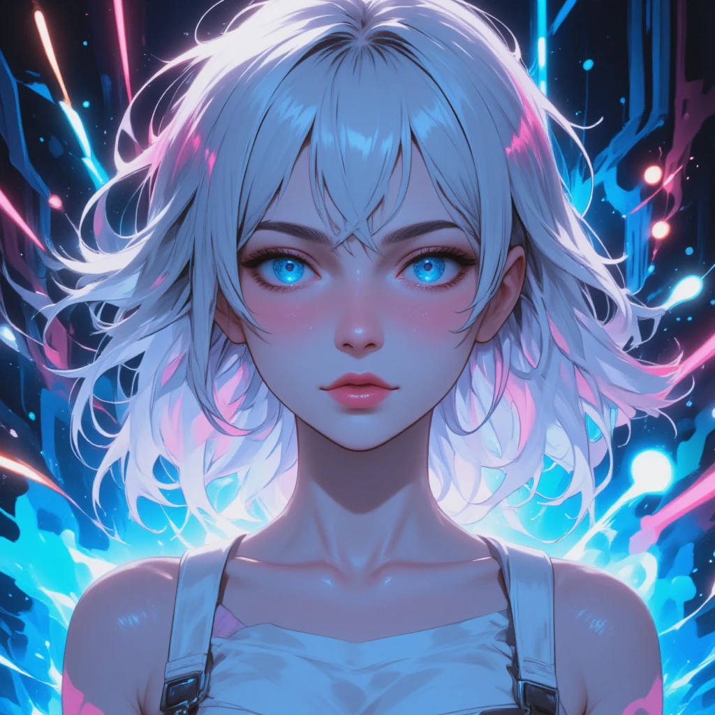 (photorealistic:1.4).masterpiece,best quality,highres,
(1girl:1.4),close-up,[blue eye|red eye],white hair,faint smile,(smile:0.8),closed mouth,hood,(neon lights:1.4),(ink splash:1.4),(glitch:1.2),
(glitch art:1.4),(broken glass:1.2),(hexagon:1.3),(light particles:1.6),(religion:1.2),(water reflection:0.85)