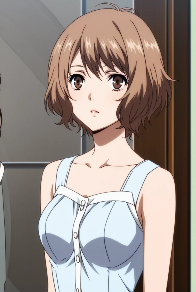 (A superb exquisite haruhi suzumiya), (haruhi suzumiya:1.5), (kyoani haruhi style Uniform:1.5), brown eyes, brown hair, natural straight hair, hairband, ribbon, straight bangs, solo, nature, extremely delicate, straight  features, peerless beautiful girl, soft, (sensual face), (( face)), dreamy quality, exaggerated  features, solid color, frank holly, delicate face, bright lips, slender waist, soft curves, real light and shadow, super fine, 4k, natural moving, Ultra high resolution, (masterpiece:1.2, best quality), (finely detailed beautiful eyes: 1.2), (beautiful detailed face), sexy semi- model, sexy pose, Ultra high definition white  and ,  ,Medium chest, slender body, (bedroom), 