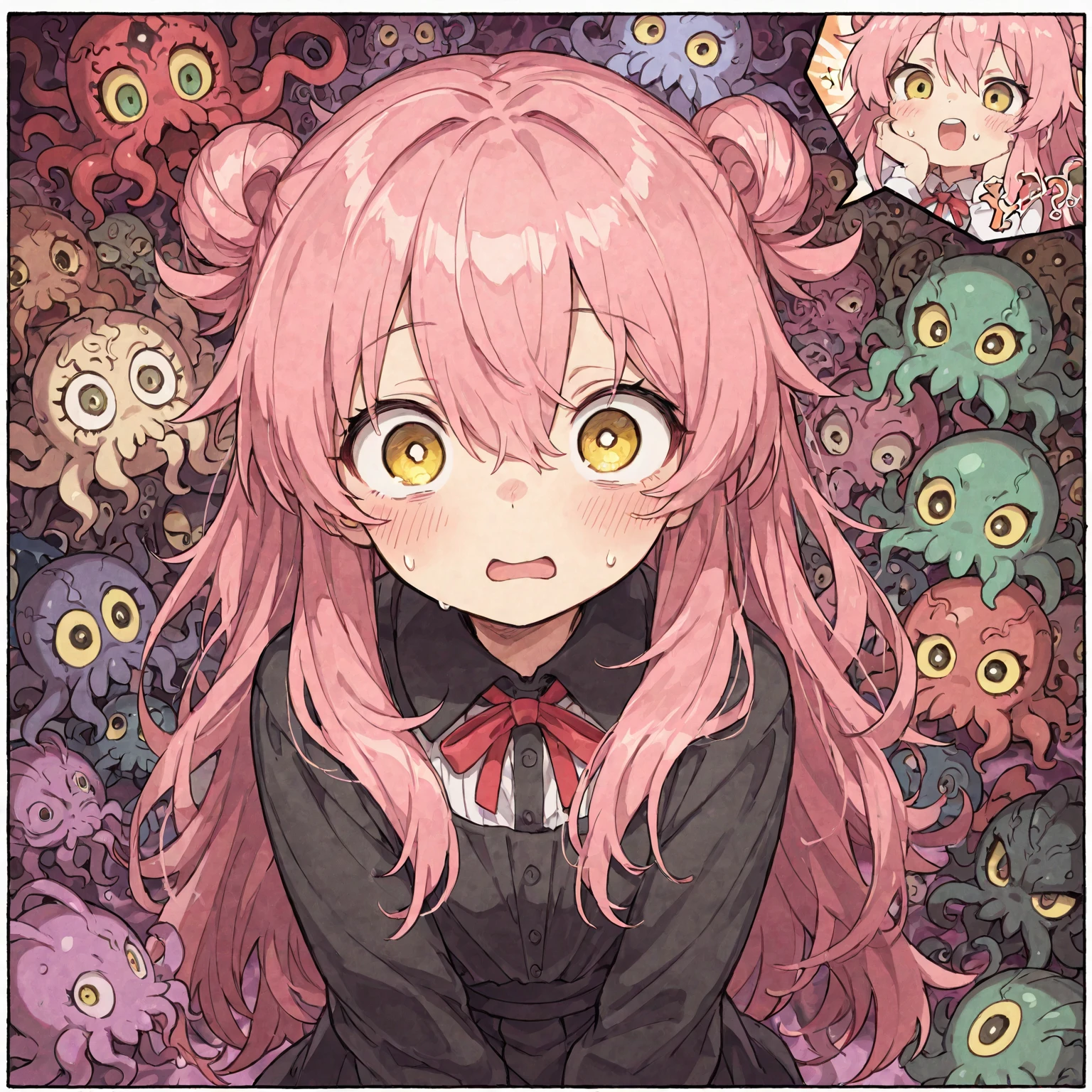 ((best quality)), ((highly detailed)), absurdres, (detailed eyes),((1girl,20 years old,solo,mature female)),long hair,pink hair,(((white shirt,black standart tie,black skirt))),dynamic pose, cowboy shot, (((pink scylla))), (((pink octopus girl))), standing, (pink tentacles:1.33), (suction cups:1.33), (fused:1.33), ((pink tentacle legs)), squidlegs, ((underwater,sea, aurora,night)), serious,graceful,best hands