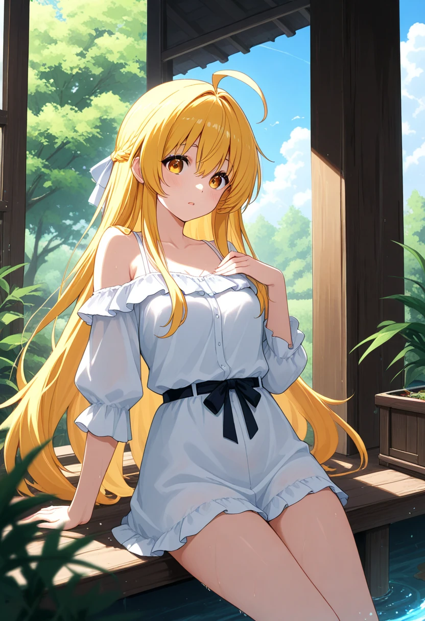 highest quality、masterpiece、High resolution、be familiar with、Perfect 、Anime Girls、solo、Blue Vest、((middle School girls, 14 years old))、White blouse、garden、smile、Long Hair、Blonde、Green Eyes、Are standing、Close your mouth、Surprised、Blouse with collar, Big Breasts、girl with big breasts、Blue Skirt、、Tight Skirt、