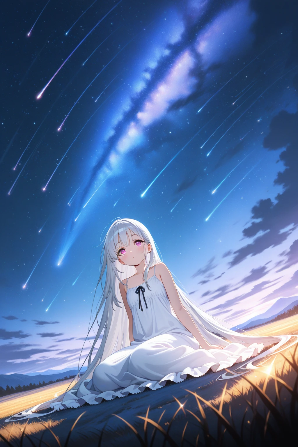 Anime girl with long white hair and a white dress standing in front of ...