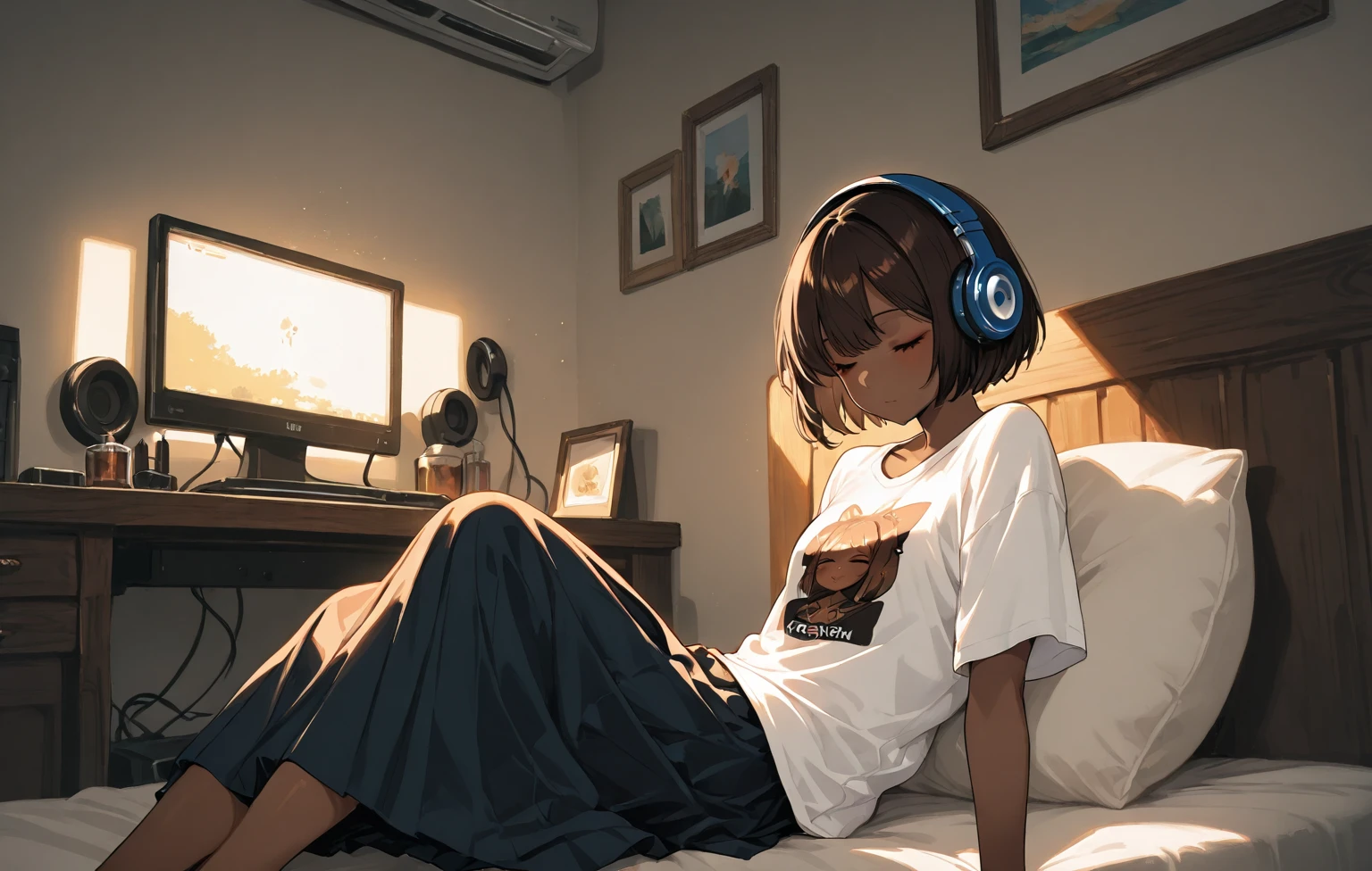 a tomboy girl with short black hair, wearing a crop top and black shorts, lying on a bed, eyes closed, listening to music on headphones, detailed interior, bedrooms, late night, female rooms, computers and monitors on desk, pixel art style, (best quality, 4k, 8k, highres, masterpiece:1.2), ultra-detailed, (realistic, photorealistic, photo-realistic:1.37), HDR, UHD, studio lighting, ultra-fine painting, sharp focus, physically-based rendering, extreme detail description, professional, vivid colors, bokeh