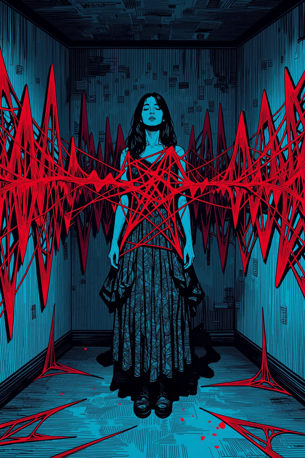 illust、art、from 80s horror movie, directed by Junji Ito、Two twin sisters、Holding hands、nightmare、anxiety、high detail, realsitic shadow、Analog style, vhs style, 8mm film, chromatic aberration, Dvd screengrab、Surrealism