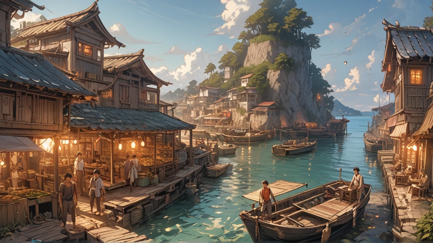 A young teenager，((Shabby laundry))，((Young male))，Standing on the beach，The background is a small fishing village（Old small fishing boat），Dilapidated building，Back to the audience，Looking at the sea and mountains in the distance，((Chinese style，Immortal World，Xianxia World))