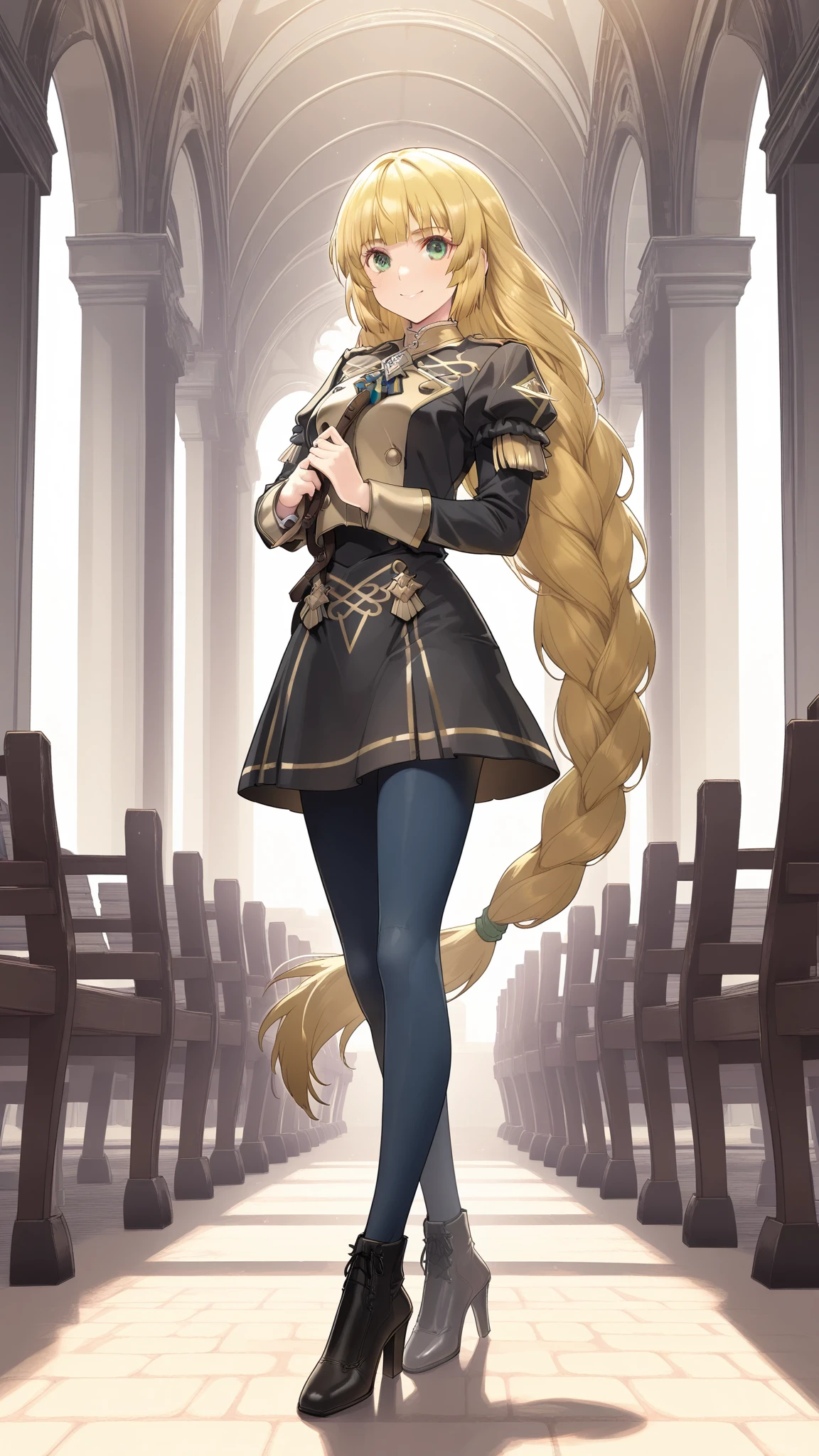 (best quality,4k,8k,highres,masterpiece:1.2),ultra-detailed,(realistic,photorealistic,photo-realistic:1.37),HDR,UHD,studio lighting,ultra-fine painting,sharp focus,physically-based rendering,extreme detail description,professional,vivid colors,bokeh,Portraits,A woman wearing a blue Napoleonic army uniform,golden decorative buttons, ornate epaulettes, and intricate military insignia, pants that accentuate her slender figure. She walks with confidence and pride,black boots polished to a mirror-like shine. Her official Napoleonic style hat sits perfectly atop her head,matching the uniform in a crisp shade of blue. Her long orange hair flows freely, catching the wind as she gazes into the distance, the vibrant locks adding a touch of warmth and energy to the scene. Her captivating purple eyes are filled with determination and a hint of mischief. They sparkle with intelligence and depth. The open agricultural field stretches far and wide, bathed in the soft glow of the setting sun. The gently swaying grass and vibrant flowers create a picturesque backdrop. The woman stands tall and graceful, her presence commanding attention. She exudes strength and elegance, a symbol of power and beauty. The combination of her striking appearance and the idyllic setting creates a sense of intrigue and wonder. The color palette is rich and varied, with deep blues and vibrant oranges dominating the scene. The lighting is natural and warm, casting soft shadows that define the woman's features and accentuate the depth of the landscape. The overall composition is balanced and harmonious, capturing the essence of both the Napoleonic era and the beauty of nature.
