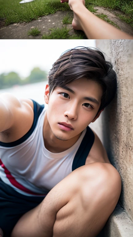 Portrait of muscular boy， mature，swimmingpool，18 year old boy，Wet with，tmasterpiece