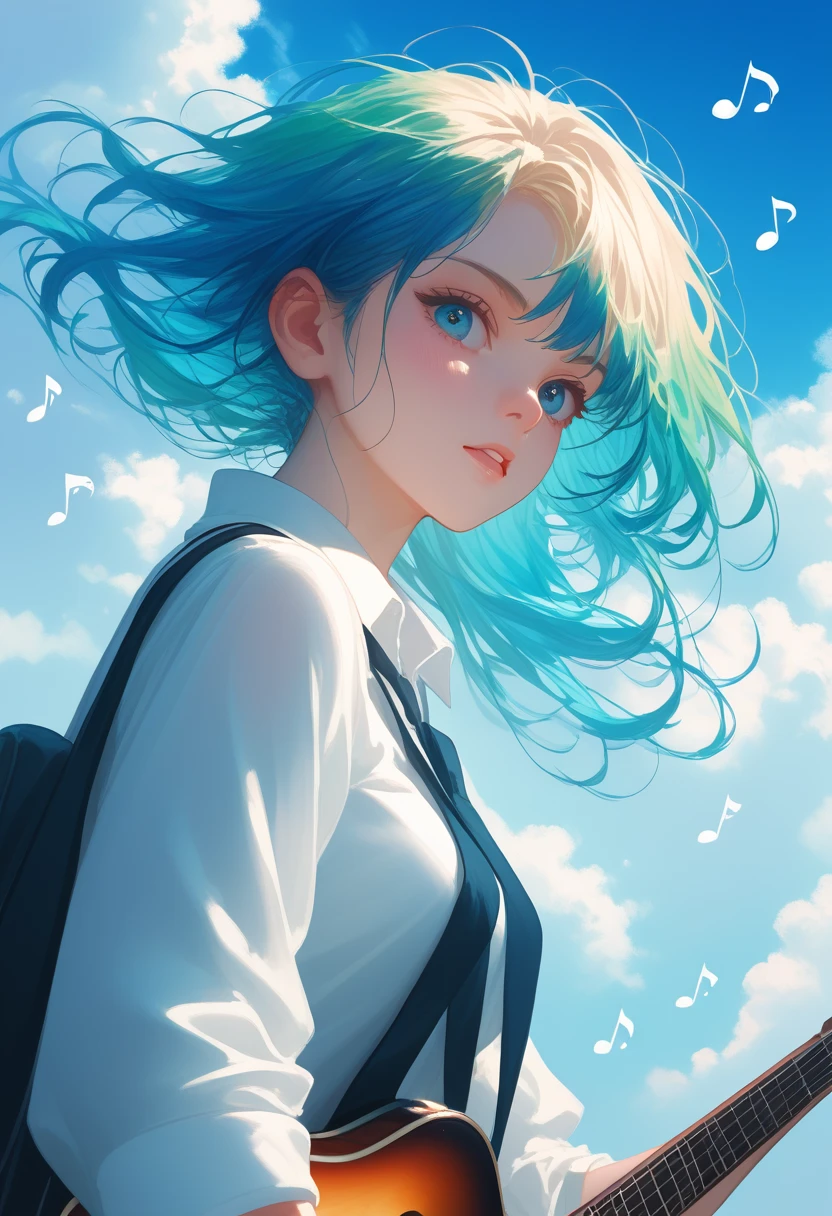 The wind is blowing，(child)，（masterpiece，Top quality)，Turquoise pleated  with blue-green plaid pattern，short sleeve，black hair，Summer Classroom，high socks