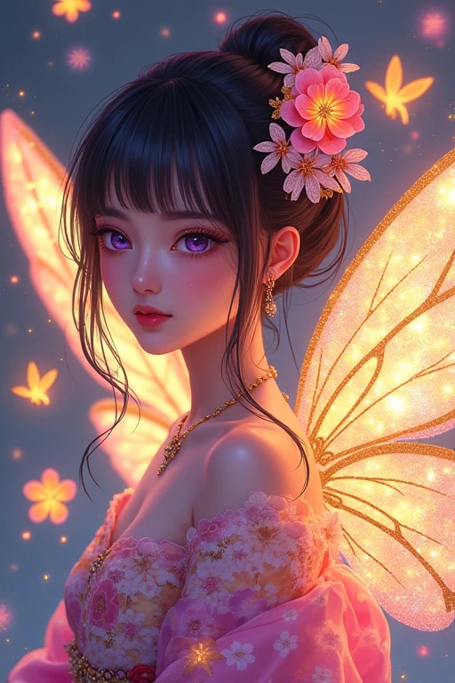 A beautiful black-haired woman transformed into a light fairy