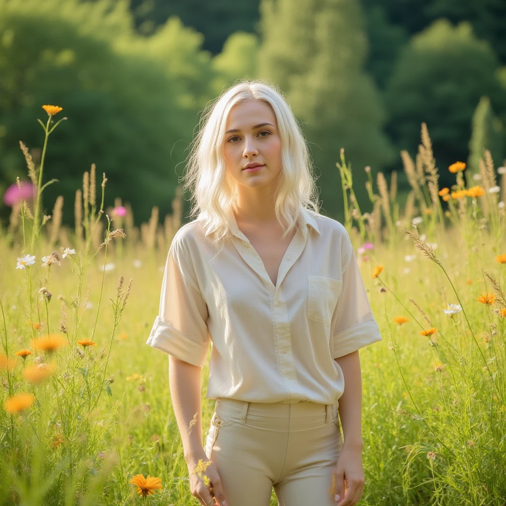her name is Marie, high quality, 1girl, ((20-year-old fit Caucasian woman)), ((20 years old)), ((fit)), ((pale skin tone)), medium length straight blonde hair , wearing sheer puff-sleeve blouse with pleated culottes, pose: standing, background: Capture the scenic beauty of the Great Smoky Mountains, with mist rolling over the lush, forested hills and valleys, creating a dreamy, ethereal landscape.