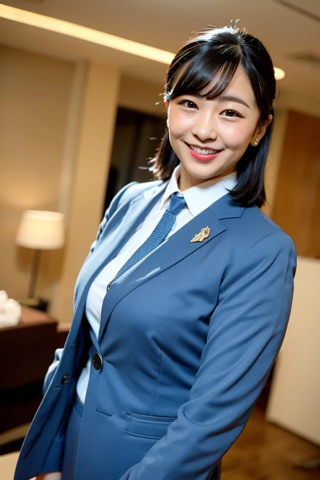 lens: 135mm f1.8, (Highest quality), (Beautiful 14 year old Japanese girl), (Moisturized lips), Narrow eyes, double eyelid, Delicate clavicle, Flat Chest , Embarrassed about my small, undeveloped breasts, smile, (Spotted sunlight: 1.2), Professional Lighting, (Petite figure), (Sunburned skin: 0.2), Full body photo, Full Body Focus, (Standing posture)、A neat and tidy honor student、Slender body、(A  with a navy blue blazer:1.5)、Boyish, very very short hair in a ponytail、Stylish white bedroom、Ribbon on chest、Sweep all your hair back、Leaning forward