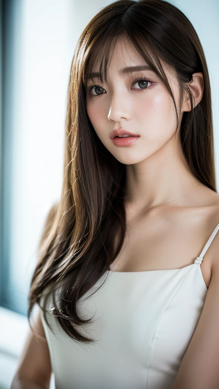 (((The best super impression、super best quality、32k、非常に詳細な CG Unity 32k wall紙、ticker、Raw photo 1.3、very noisy image、very noisy imageの品質、Photoreal 1.4、Highest quality 1.3、Super detailed 1.2, fine details, High resolution, wall , perfect dynamic composition, masterpiece, surreal, 32K, real human being、)))、solo、bust shot、sleep on your back、arms behind head、bed、messy hair、flushed cheeks: 2、Dreamy wet eyes、Watery eye、The mesmerizing gaze that stares at my favorite V-neck tank top, I love you so much that I tremble, I want to kiss you.、
