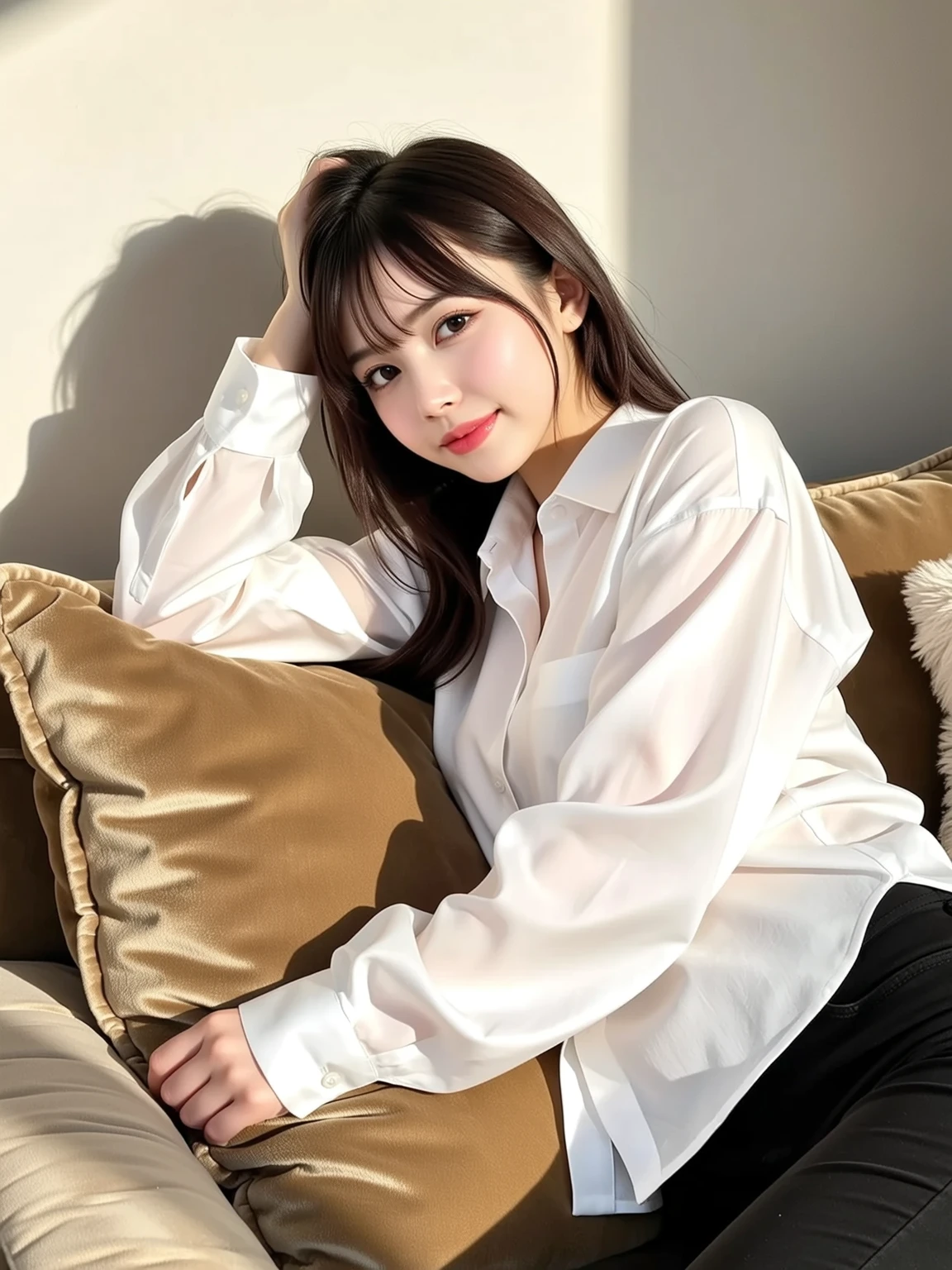 a 20 year old woman, she is the most beautiful actress in the world, the perfect proportions of her body, tight formal shirt is worn on her upper body, nothing is worn on her lower body, flipped up short skirt, her detailed  of her  lower body, two pairs of her  between her opened legs, her  under her , she is sitting on a sofa of the living room, , best quality, highly detailed, masterpiece, ultra high res, photo realistic, 8k
