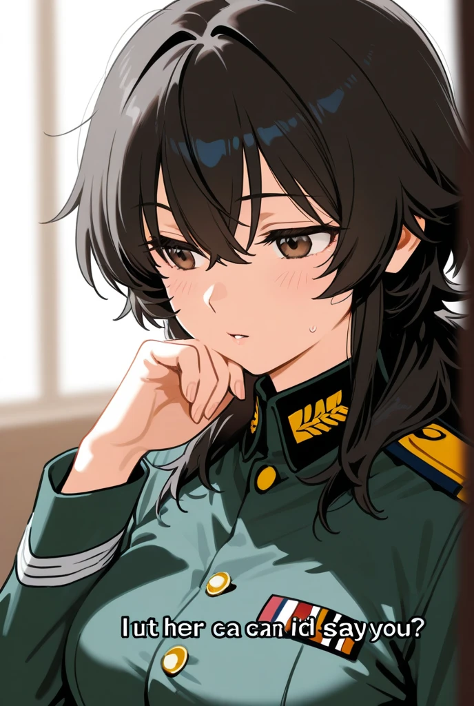 Content:
An anime-style image of a general female soldier in uniform. She has long brown hair and black skin, with brown eyes. Her uniform takes loose inspiration from German military uniforms, without any medals or a hat. She's saluting to the camera with a confident look in her eyes

Medium:
Digital art, anime illustration.

Lighting:
Soft, natural lighting to emphasize her features and the details of her uniform, creating a balanced and realistic look.

Colours:
A palette of military greens and browns, with subtle highlights to bring out the texture of the uniform and the character's features.