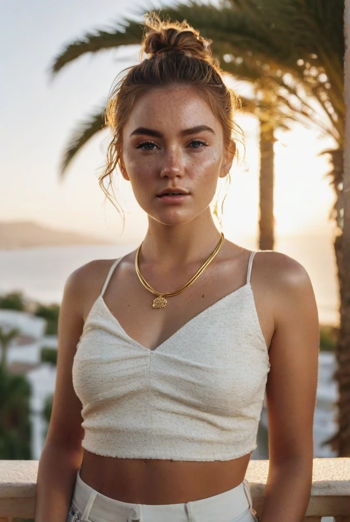 Portraiture, 20 year old brunette german girl, Sexy and attractive expression, Wearing a pink shirt, Messy bun, 8k, highest quality, masterpiece, (Looking into the camera:1.3), photograph, (beautiful), realistic skin, realistic skin texture, big breast, football shape breast,  football size breast, long breast , tight breast, breast that looks like full of milk, fair, bright, hot, sweat on breast, water drops scrolling from face, hot weather, summer, nose ornaments, wearing gold jewelery, gold and dimond necklace,