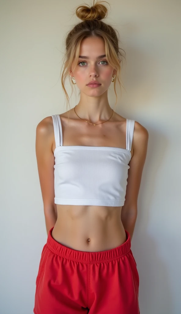 Beautiful skinny girl, elongated face and thin chin, freckles, blonde, blue eyes, bold dark red lipstick and Extra eyeliner and extra eyeshadow, white pale skin, black skirt, top, small nose, huge natural, straight hair with fringe, blonde, long hair, earrings, necklace, semi- top, full body, pleated short skirt, measurements 120-60-90