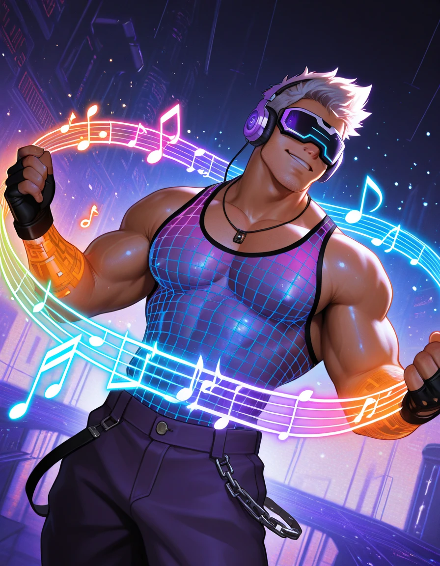 best quality, masterpiece, male DJ, medium length middle parting rainbow colored hair, he holds big headphones to one ear, muscular,  chest, excessive brown public hair,  uncut  swaying, , dripping , energetically dancing behind mixer and turntable, crowd in the foreground hands up happily cheering him on, laser lights and RGB spotlights in the background, sexy, gay, homoerotic, ambient lighting, extremely dramatic shadows, best view, perfection, no watermark, no logo, no signature