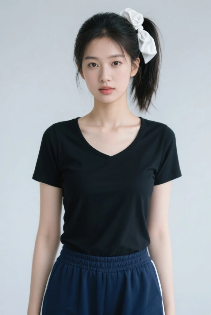 A close up of a woman wearing a black shirt and red skirt - SeaArt AI
