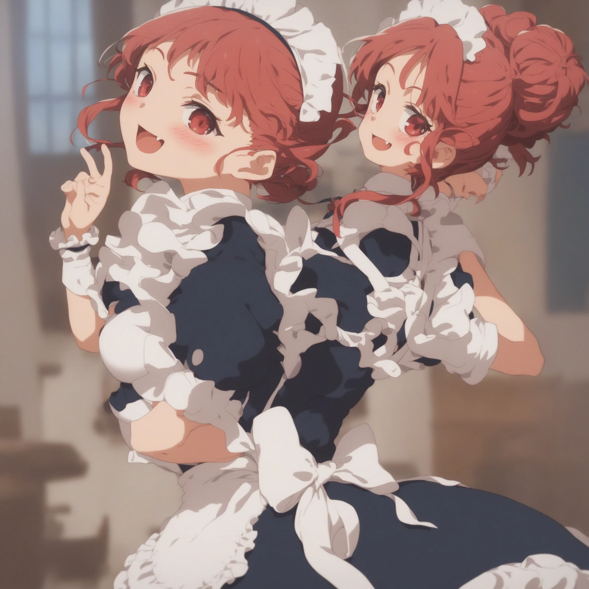 A cute maid-like girl and a cute mini character are arguing with each other in front of a sofa in a luxurious mansion.、Both of them have red hair in twin tails.、Cute red eyes、Wearing a robot-like barrette。Cute maid hair accessory、She is wearing a gorgeous maid outfit with cute frills.。The two of them stand facing each other in front of the sofa、Both of them have cute angry faces、A blue lightning bolt is running between their eyes、Accurate anatomical depiction of the human body、High quality, high precision images、Masterpiece、Best Quality、4K、8k、Ultra Detail、Ultra-fine painting、Cinema Lighting、Vivid Color、