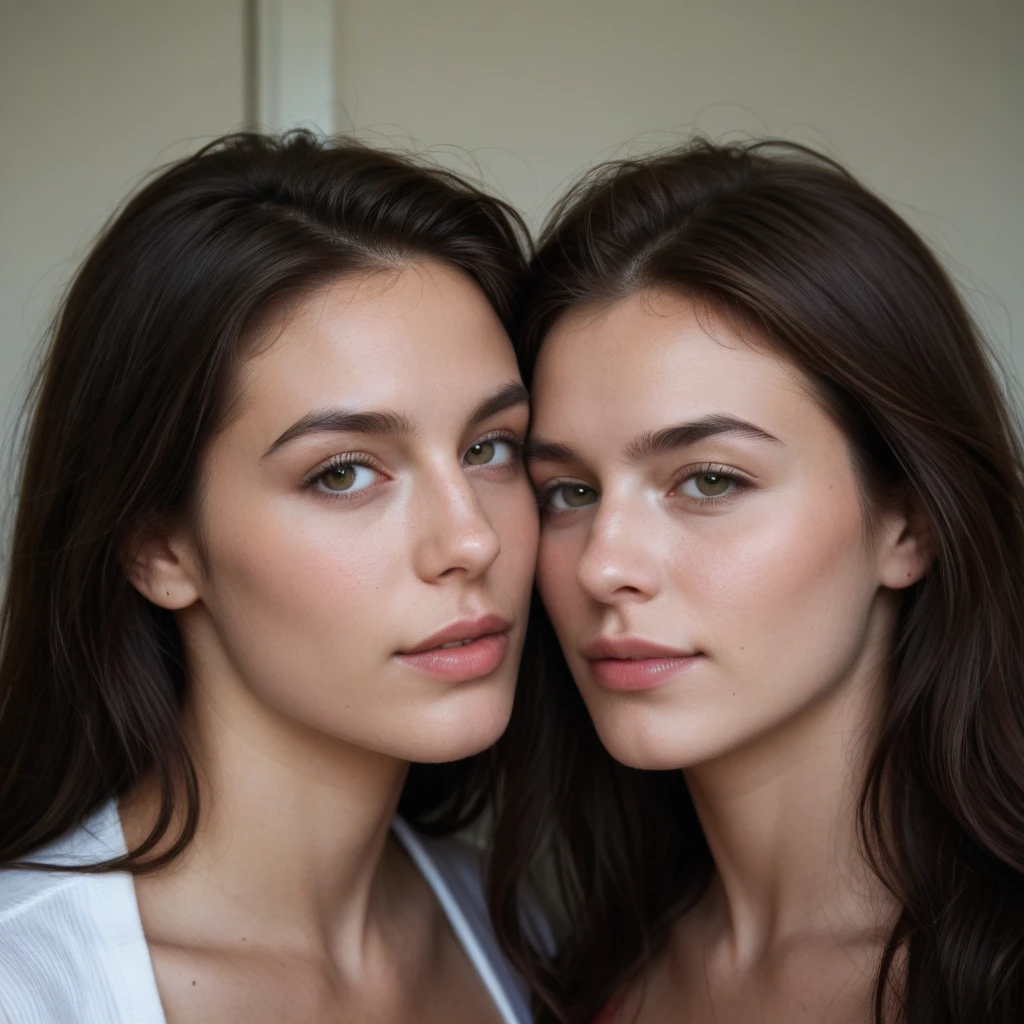 Create a deeply realistic upper body portrait of a woman, ((2heads)), conjoined dicephalus,embracing imperfections in her skin and hair. Zoom in to showcase intricate details like visible pores, subtle blemishes, and scattered freckles, scars.  Capture the complexity of her eyes with well-defined irises, conveying depth and emotion. Depict a natural, imperfect texture in her hair, emphasizing flyaways and individual strands. Pay careful attention to the interplay of light and shadow, adding a three-dimensional quality to the portrait. This upper body composition should evoke a sense of genuine beauty in imperfection, striking a balance between realism and artistry, crows feet,45 years old , some wrinkles,wet skin,very wet skin,