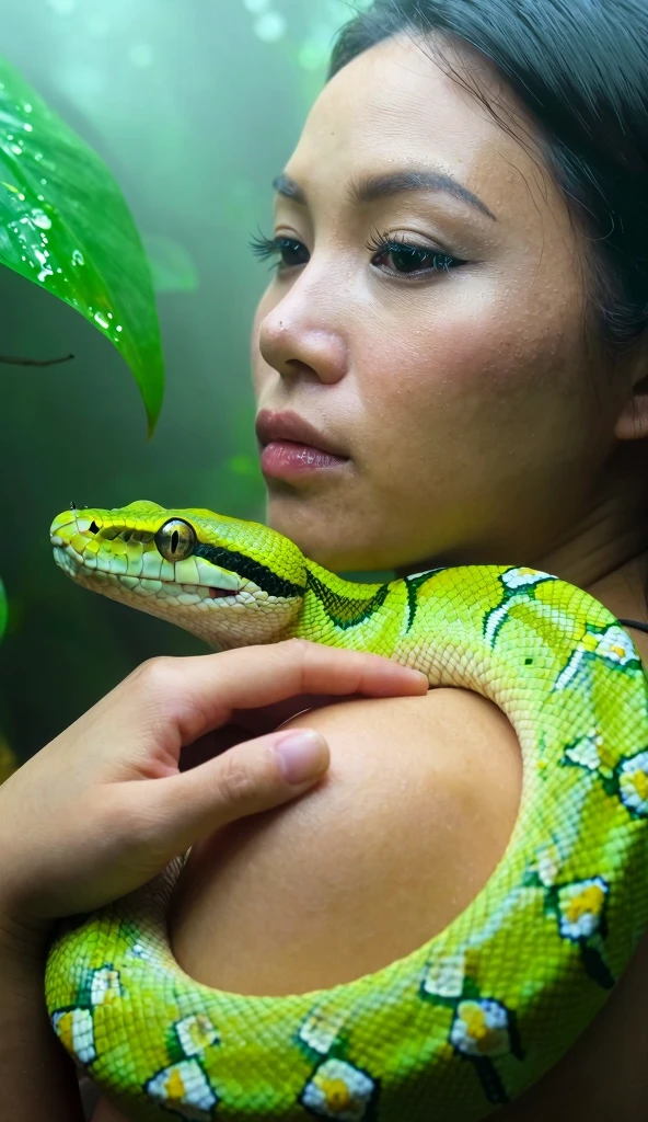   pink   wearing aroused  beautiful happy young Indian teen girl vs  Giant colossal black anaconda monster wrapped around her body squeezing her in coiled embrace cuddling and kissing        realistic in the rainforest full body, best quality wet 
