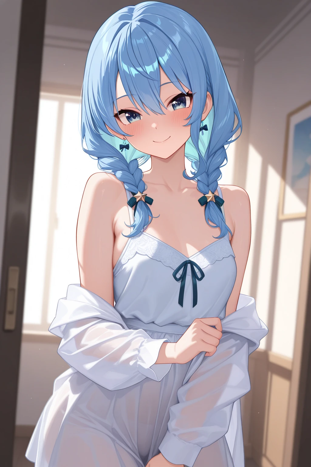 score_9_up, score_8_up, score_7_up, 1 girl, ganyu \(genshin impact\), Purple eyes, long hair, light blue hair that ends in shades of darker blue, long ponytail, Brownish horns with red engravings, turn backwards, alternate costume, (beautiful), cute face, beautiful face, sleepy, blushed, wholesome, white high cotton stockings with black stripes, oversized sweater, sitting, (milk on face), medium thighs, high, love, (beautiful), (masterpiece), very aesthetic, best quality, expressive eyes, perfect face