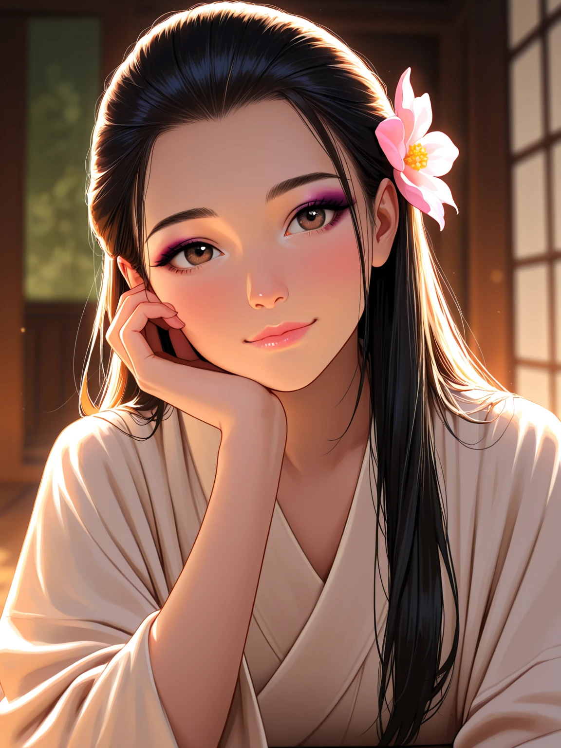 masterpiece, best quality, highly detailed, ultra high res, (photorealistic:1.8), unreal_engine, photograph, realistic_skin_texture, nezuko, kamado nezuko, 1girl, solo, long hair, black hair, pink eyes, multicolored hair, hair ribbon, (bamboo gag, bite gag), portrait, looking at viewer,  smile, pink kimono, own hands together, rialistic photo、Real Images、Top image quality、​masterpiece, (Pink kimono), seductived faced, good lighting, beautiful thigh、adult appeal、Adults、Big、cleavage, finely detail, ​masterpiece,I can see my 、 radiant eyes, 1girl in, A dark-haired, SUCK, Kamado Nezuko, wisteria background, ​masterpiece, top-quality, POV,,