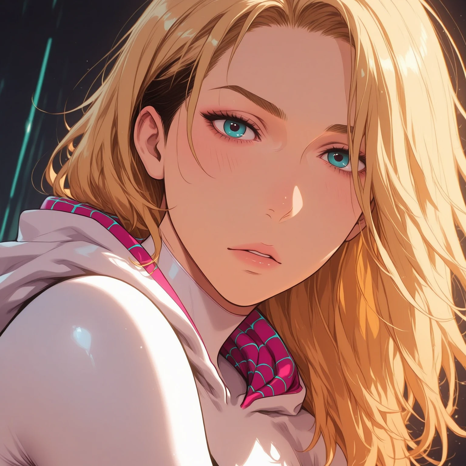 A young Italian girl of 22 years old, dressed in a pink jacket and a white shirt, rookie survivor of a zombie apocalypse, super model body and beautiful face, long blonde hair with green eyes, ((masterpiece)), (best quality ), (extremely detailed)