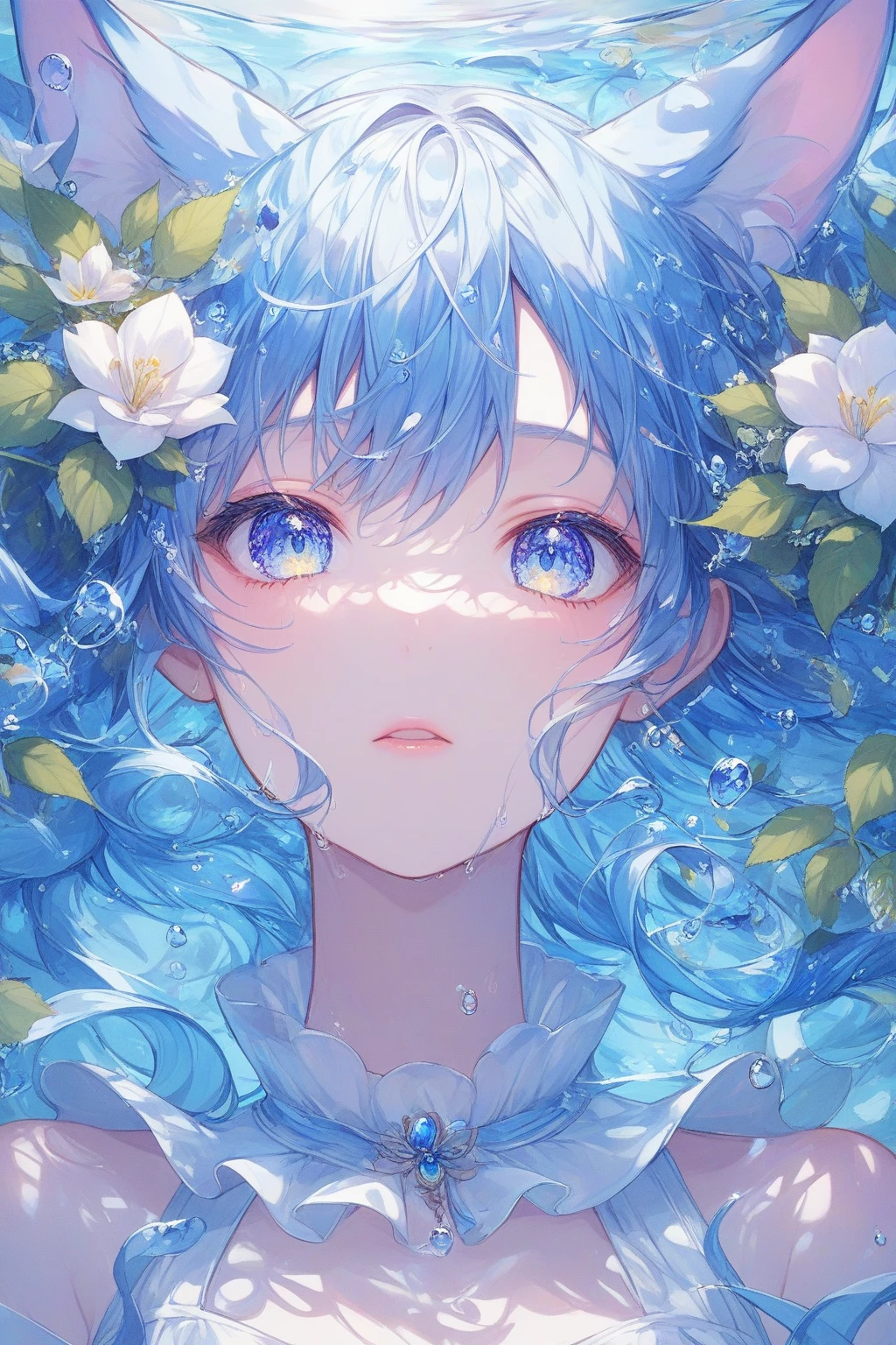A girl with blue hair and blue eyes is in the water - SeaArt AI