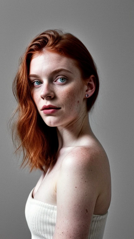 selfie, 1girl in, age19, Solo, Aesthetic artwork, irish redhead, wavy ginger hair, shoulder length ginger hair, (gray eyes), light grey eyes, some small freckles, pale skin, (giant :1.2), body, detailed skin texture, (extremely detailed 8k wallpaper), soft lighting, high quality, film grain, Fujifilm XT3 sharp focus, f 5.6, 50mm, High Detail, Sharp focus,(natural light), (wearing a tank top), tank top, (), , (), crazy details, complex details, hyper detailed,