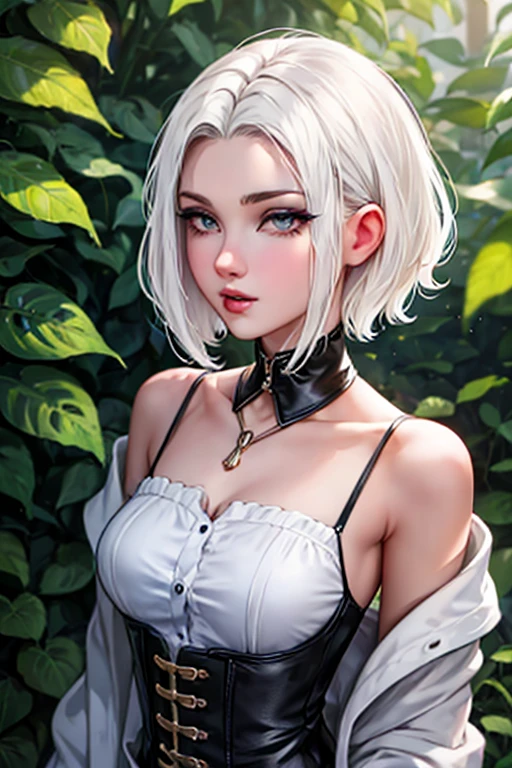 （lifelike， high - resolution：1.3）， 1 girl with a perfect body，slender body, Super fine face and eyes，assasin, dark makeup, shiny skin，white hair,  (jungle outfit, cheetah print )，Expose cleavage, bracelets, natural jewelry, a lot of necklaces, body chains, waist chains, 