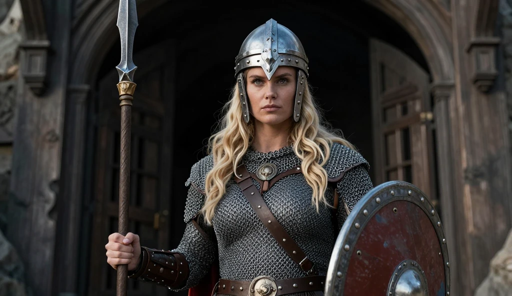 (masterpiece, highly detailed, ultra realistic, highest quality, cinematic), portrait, upper body shot, older viking warrior queen in full battle gear, / helen mirren / older lady, 60 years old, silver curly hair, (hires textures), detailed face (ultra detailed skin), cheek scar, angry, carrying a huge bloodied axe and shield, fierce, scars, blood spatter, battle damage, dynamic pose, fighting stance, battlefield background, in the midst of battle, nordic sunset, gritty, grizzled, ultra realistic, bokeh, game of thrones, tolkien, fantasy art, incredible detail