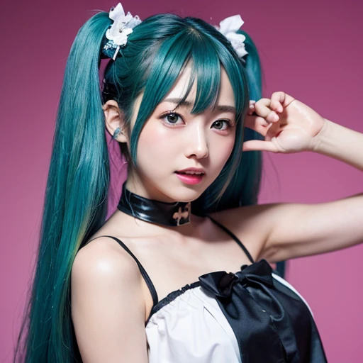 1girl,,(best quality,absolutely resolution,ultra detailed,masterpiece),(photo realistic),8K,(detailed face),delicate realistic skin texture,(Shining eyes),Hatsune Miku,aqua hair,twintails,very long hair,hair ornament,hairpin,hairclip,bracelet,white skin,aqua eye,full body,arms behind back, idol clothes,jumping,from above