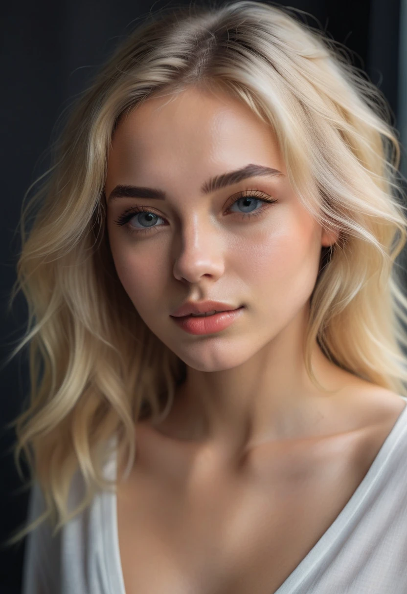 Realistic photo of a beautiful woman with a round face and high cheekbones, she has a cute button nose and small jaw, with large beautiful pale eyes, she has dark brows and white blonde hair, she has a compact strong body with beautiful legs, (masterpiece), (photorealistic:1.4), RAW photo, best quality, high res, rich colors, backlight, bright sunlight, cinematic lighting, film grain, raw photo, 50mm lens, Nikon D850, warm colors