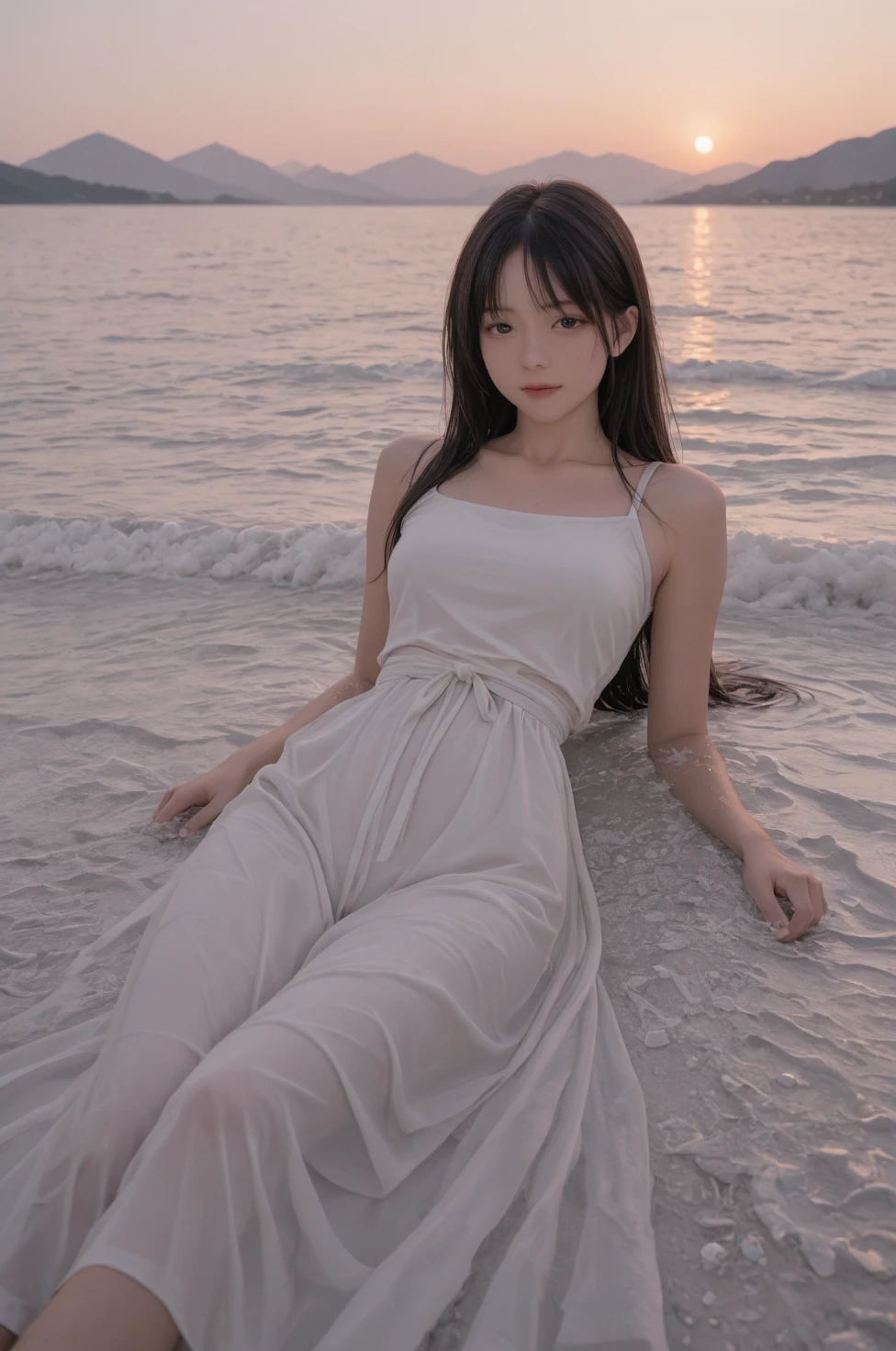 Long-haired arrogant woman kneeling on the beach, Young and adorable Korean face, Young and pretty Asian face, Gorgeous Young Korean Woman, Beautiful young Korean woman, Jaeyoung Nam, 8K Full Body Selfie,Beautiful Korean Women, Long haired asian girl, Korean Girls, Choi Hong-hwa, Cute Korean Actresses,China dress,153cm,40kg, 85 Waist 55  85