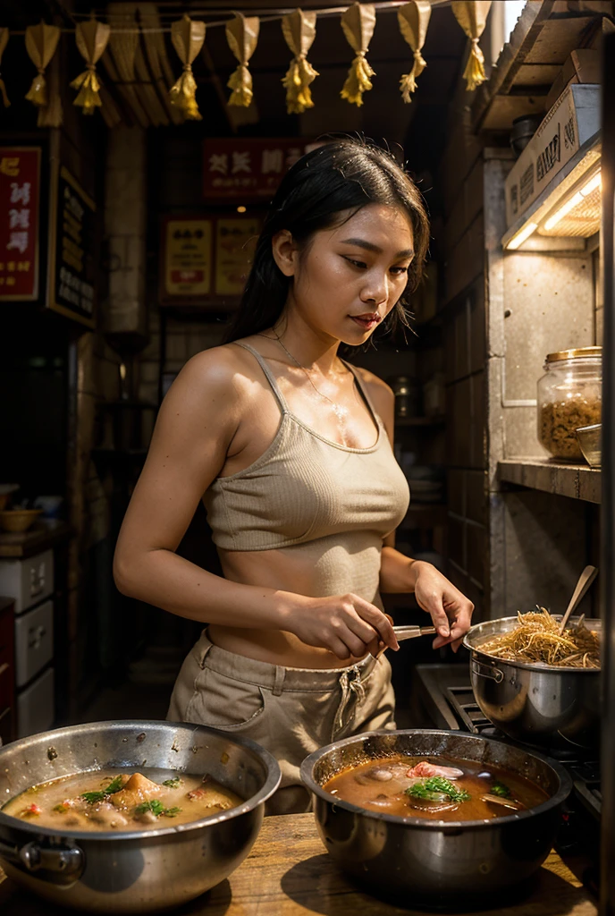 Iconic Thai dishes, a vibrant street food scene with Pad Thai taking center stage, a raining ((water)) bustling market atmosphere with skilled cute messy female vendor, (wearing wet torn  white tank top sweaty []), wearing black glass, hand behind head, ((noodle on head)), showing wet dripping armpit water, drenched with sweat, messy hair wet hair, smiling to camera, colorful ingredients on display, noodle and sauces on head, capturing the essence of Thai street gastronomy, Photography, documentary-style shot with a prime lens (50mm), focusing on the dynamic energy of the street food stall, 